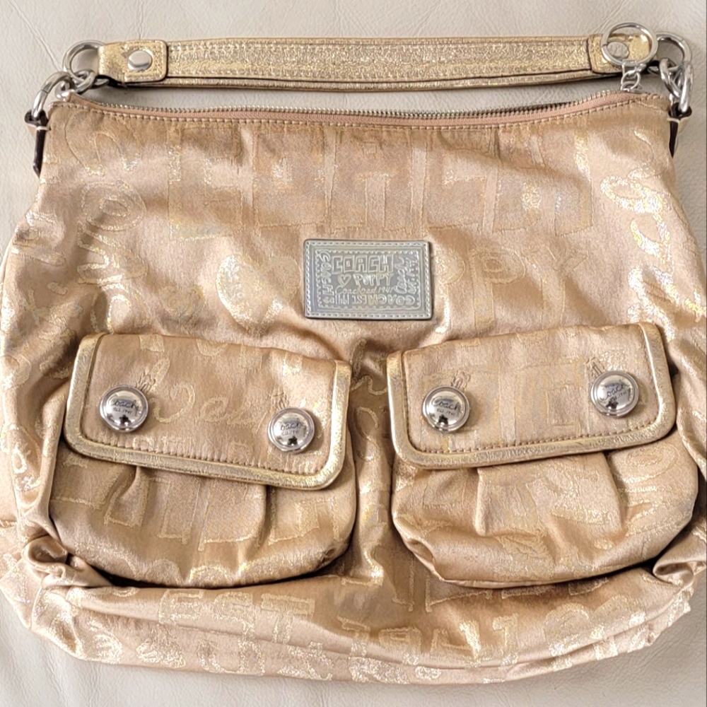 Authentic COACH Poppy Gold Leather & Gold Sparkle Jacquard Storypatch Bag